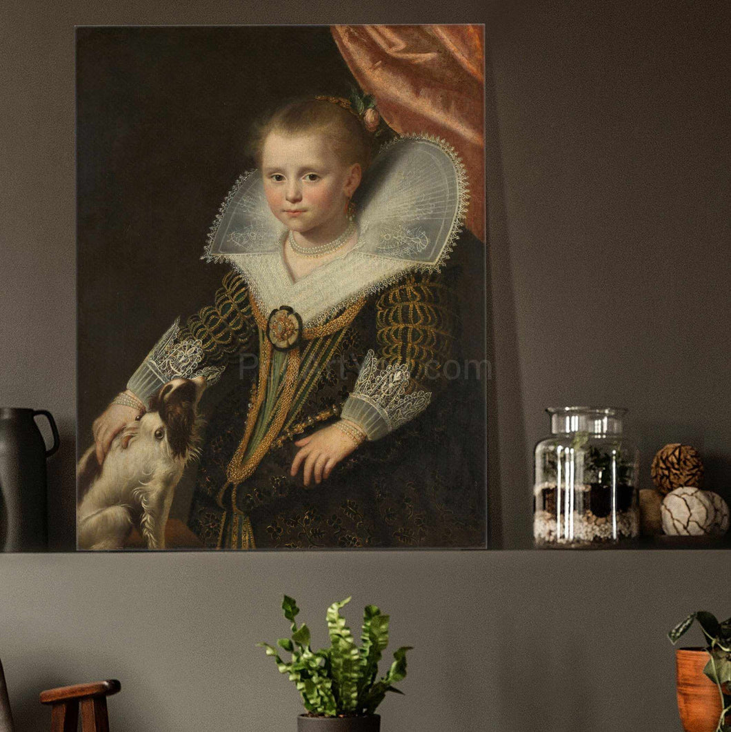 Portrait of a girl dressed in historical royal clothes stands on a gray shelf near a black vase