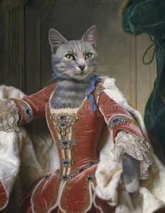 The portrait depicts a female cat with a human body dressed in a red royal dress with a white mantle