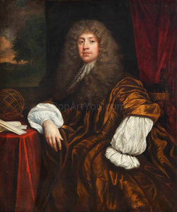 The portrait shows a man with long white hair dressed in brown regal attire