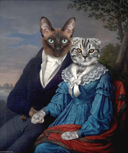 The portrait shows a pair of two cats with human bodies dressed in blue royal attires