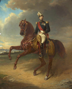 The portrait shows a man in dust sitting on a horse dressed in renaissance regal attire