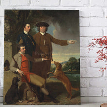 Load image into Gallery viewer, A portrait of three men on a hunting trip dressed in renaissance regal attire stands on the floor against a white brick wall
