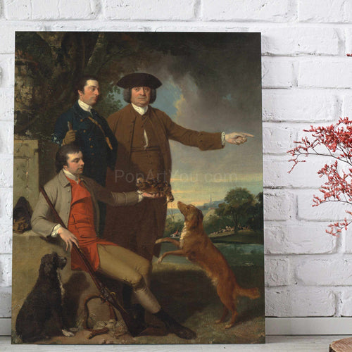 A portrait of three men on a hunting trip dressed in renaissance regal attire stands on the floor against a white brick wall
