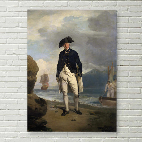 A portrait of a man standing on the seashore dressed in historical royal clothes hangs on a white brick wall