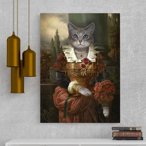 A portrait of a cat with a human body dressed in a golden royal dress hangs on a gray wall near three lamps