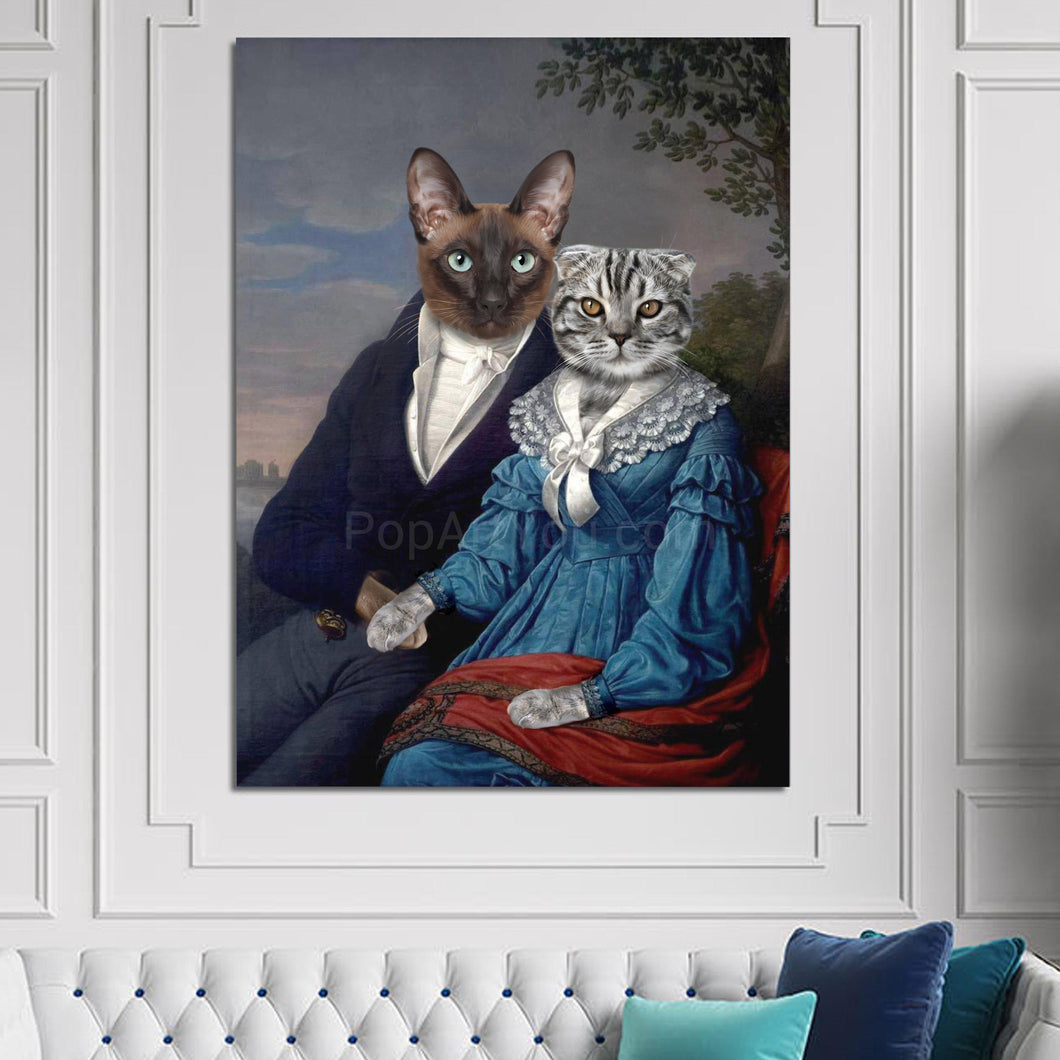 Portrait of a couple of two cats with human bodies dressed in historical royal clothes hangs on the white wall above the sofa