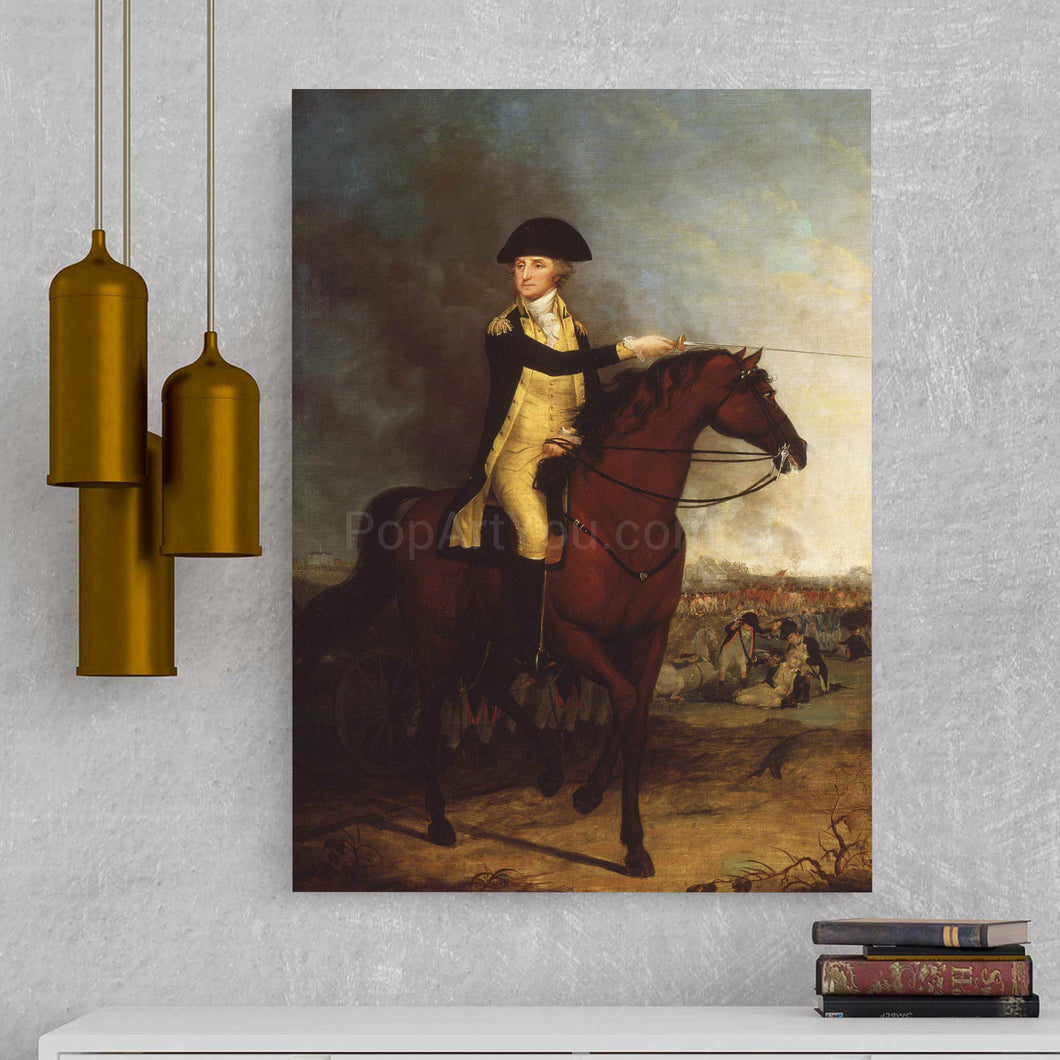 A portrait of a man sitting on a horse dressed in historical royal clothes hangs on the white wall above the books