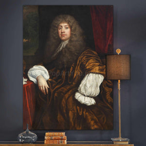 A portrait of a man with long white hair dressed in historical royal clothes hangs on the gray wall next to a floor lamp