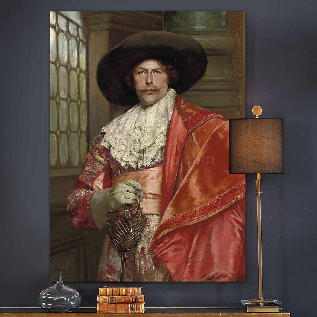 A portrait of a man in a hat dressed in red royal clothes hangs on a gray wall next to a lamp