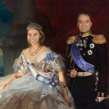 Load image into Gallery viewer, The portrait shows a couple dressed in historical regal attires with a crown and medals
