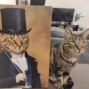 Portrait of a cat in a historical attire of the ambassador stands next to the cat