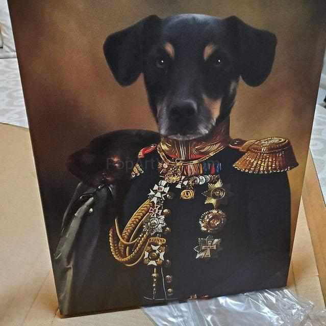 Canvas with a portrait of a dog's head on a human body, dressed in a general's costume