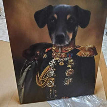 Load image into Gallery viewer, Canvas with a portrait of a dog&#39;s head on a human body, dressed in a general&#39;s costume
