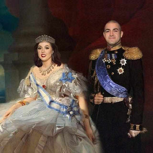 The portrait shows a couple dressed in historical royal clothes with a crown