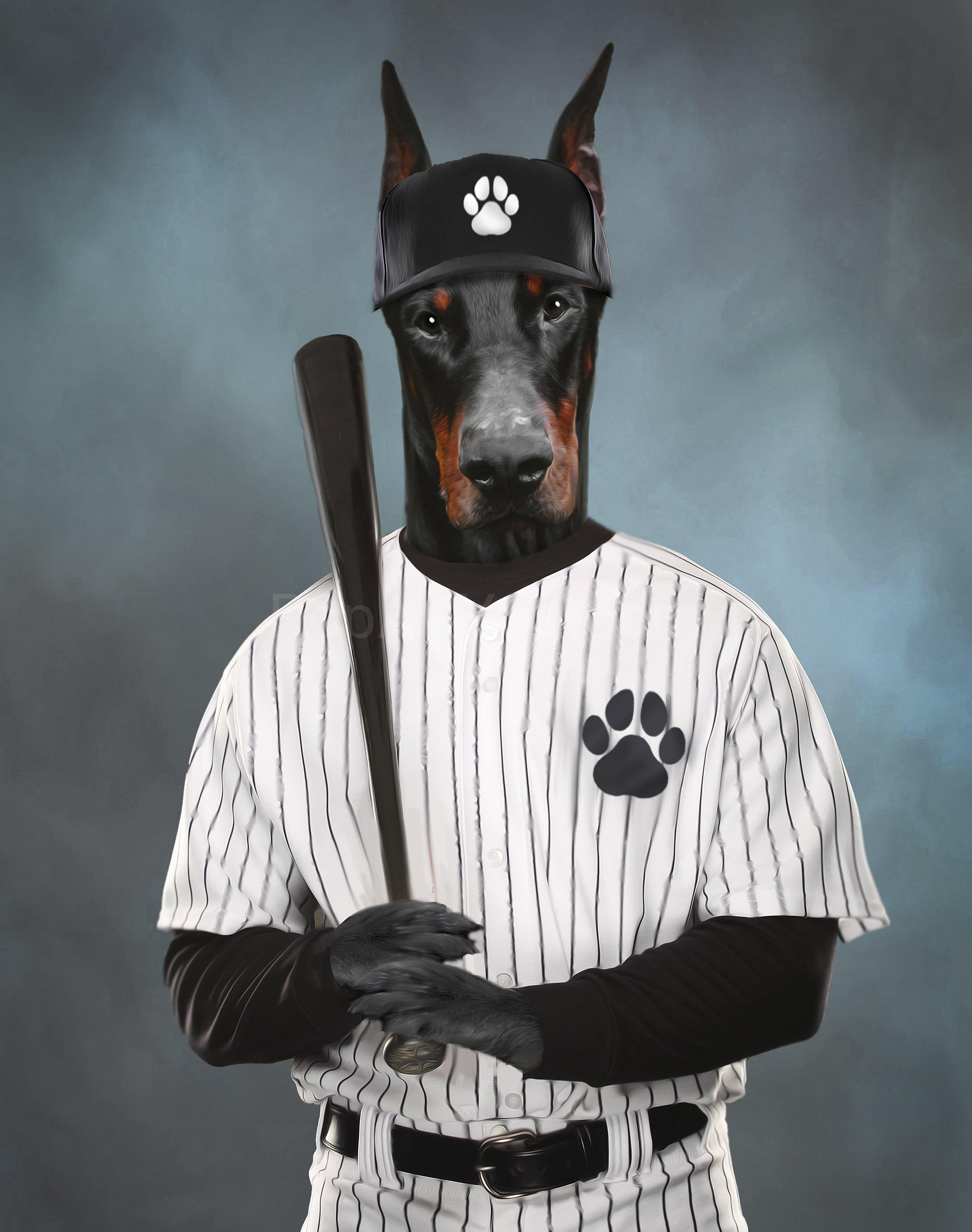 The portrait shows a dog with a human body wearing white baseball clothes with a black bat