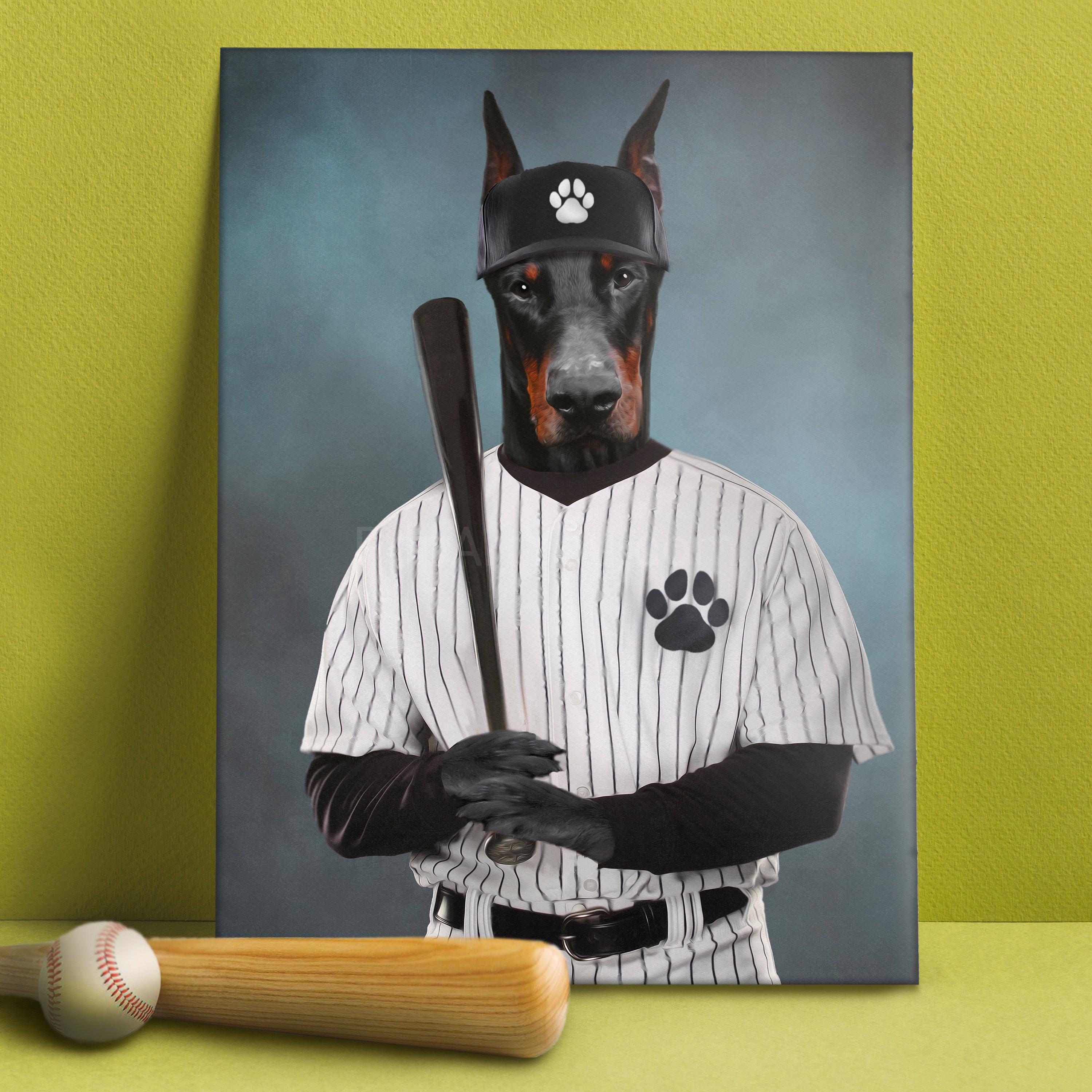 Portrait of a dog with a human body dressed in white baseball attire with a bat standing on a green table near the bat