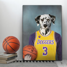 Load image into Gallery viewer, Portrait of a dog with a human body dressed in yellow basketball attire with a ball standing on a gray table near books
