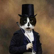 Load image into Gallery viewer, Canvas portrait of a black and white cat dressed as an ambassador with a cane in his hand
