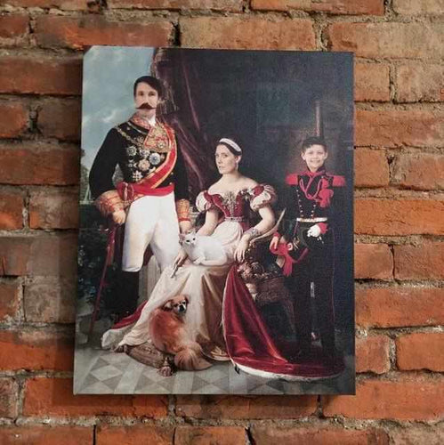 Portrait of a family dressed in historical royal clothes sitting with a dog and a cat hanging on a red brick wall