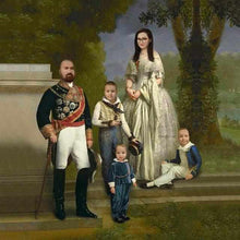 Load image into Gallery viewer, The portrait shows a family walking in the woods dressed in historical regal attires
