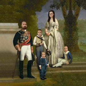 The portrait shows a family walking in the woods dressed in historical regal attires