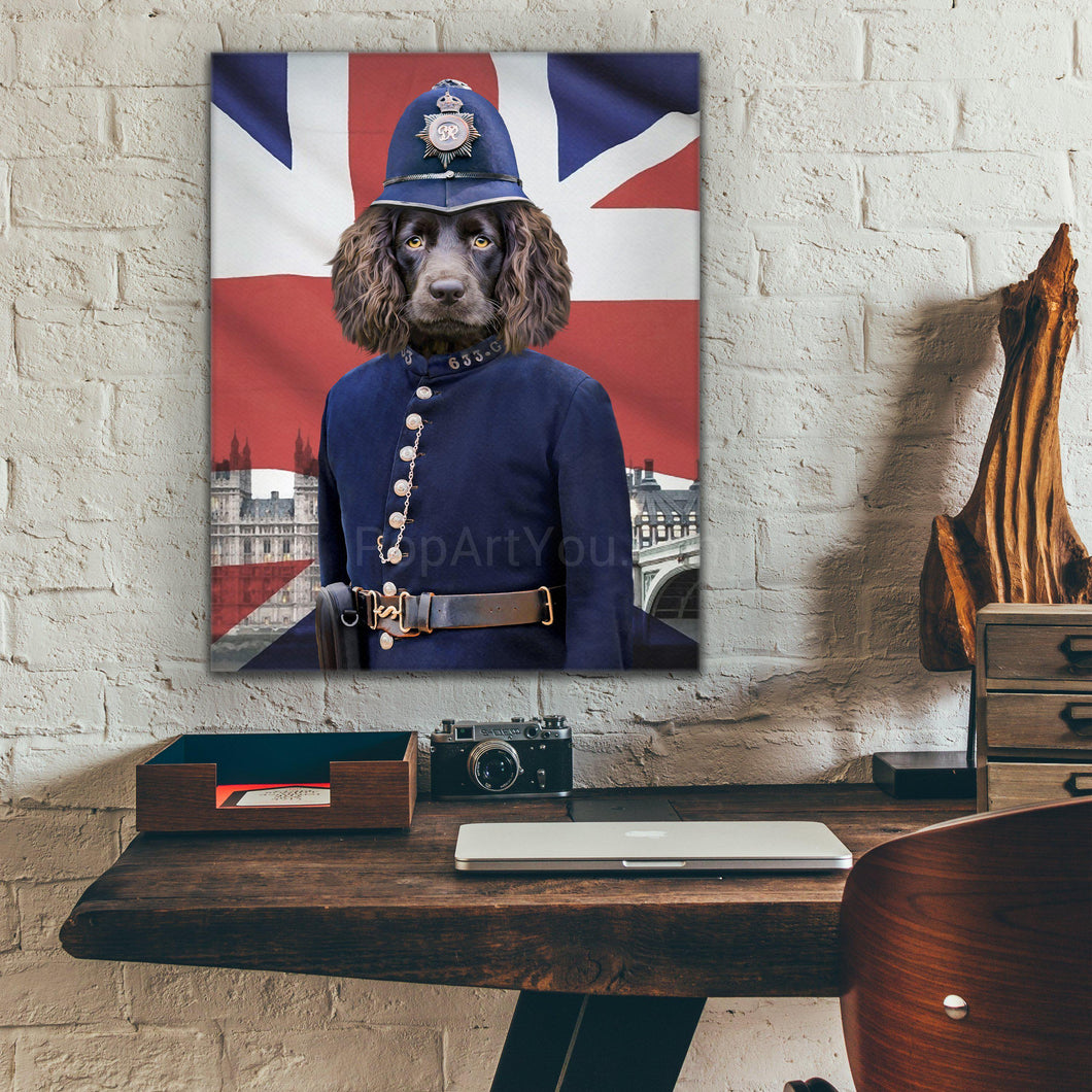 Portrait of a dog with a human body dressed in British police clothes hanging on a white brick wall above a work table