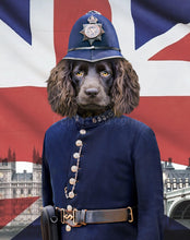 Load image into Gallery viewer, The portrait depicts a dog with a human body dressed in British police clothes standing near the British flag
