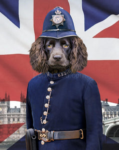 The portrait depicts a dog with a human body dressed in British police clothes standing near the British flag
