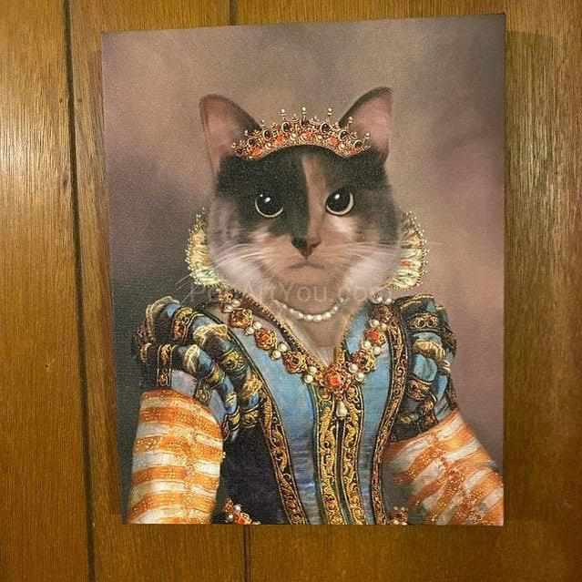 Portrait of a female cat with a human body dressed in a historical regal dress lies on the wooden floor