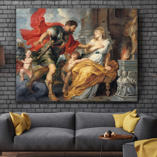 Portrait of a family dressed in historical royal attires hanging on a gray brick wall over a gray sofa