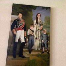 Load image into Gallery viewer, Portrait of a family walking in the woods dressed in historical regal attires hanging on a beige wall
