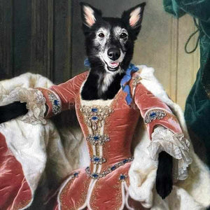 The portrait shows a female dog with a human body dressed in a red regal dress with white fur