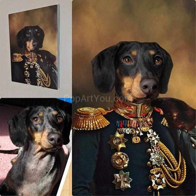 The portrait of a dog's head on a human body and the dog's photo