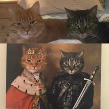 Load image into Gallery viewer, Two cats lie on the bed and there is their royal portrait under them
