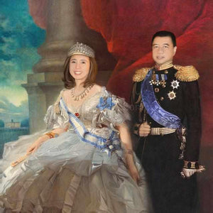 The portrait shows a couple dressed in historical royal clothes with a crown standing near red curtains