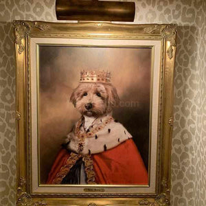 A regal portrait of a dog in a royal robe and crown on the wall