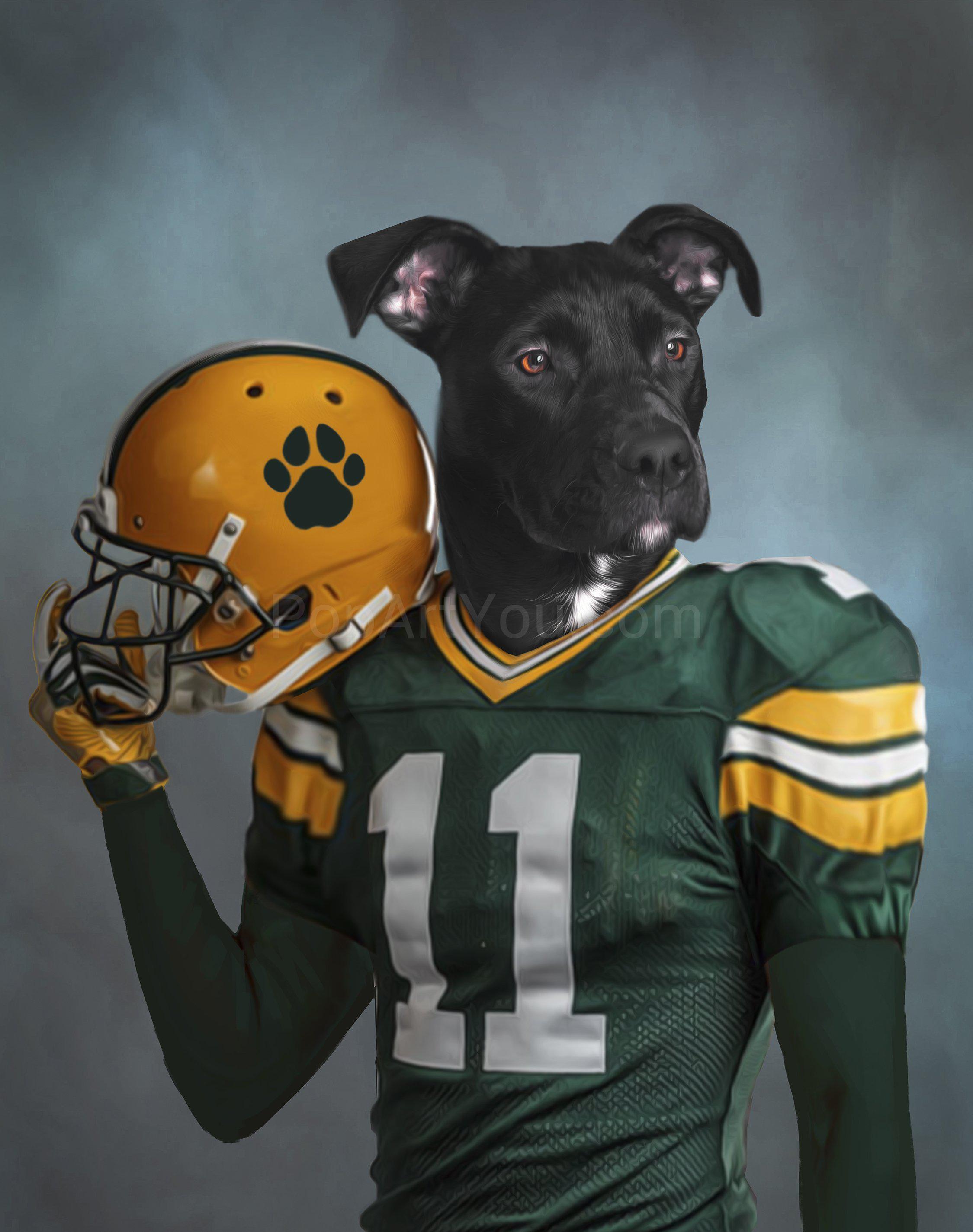 The portrait shows a dog dressed in green football attire with a yellow helmet