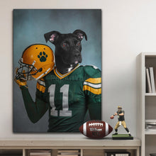 Load image into Gallery viewer, Portrait of a dog with a human body dressed in green football clothes hanging on a white wall over a wooden table
