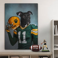 Portrait of a dog with a human body dressed in green football clothes hanging on a white wall over a wooden table