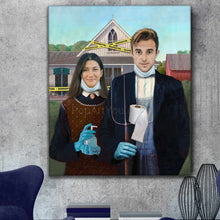 Load image into Gallery viewer, Portrait of a young couple dressed in historical Gothic clothes hanging on a gray wall near a blue armchair
