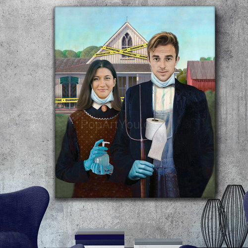 Portrait of a young couple dressed in historical Gothic clothes hanging on a gray wall near a blue armchair