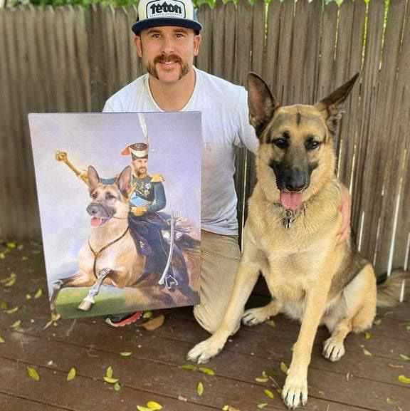 A man holds a portrait of himself running on a huge dog in historical royal attire