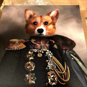 Canvas portrait of a red dog in a general's costume in a historical style