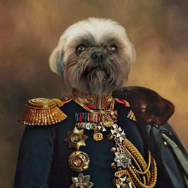 Painting of a dog in a general attire with epaulets and medals in historical style 