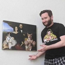 Load image into Gallery viewer, A man with a beard stands near a portrait of himself with his pair dressed in black royal clothes and a dog with a human body
