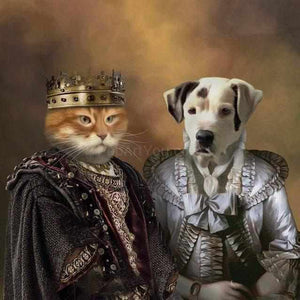 A cat in King's attire and a Dog in Queen's attire on canvas