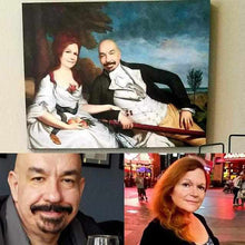 Load image into Gallery viewer, A portrait of a couple dressed in historical royal clothes hangs on a beige wall above real photographs of this couple
