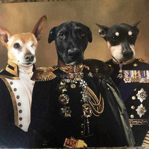 Three dogs with human bodies, dressed in historical attires with epaulets and medals