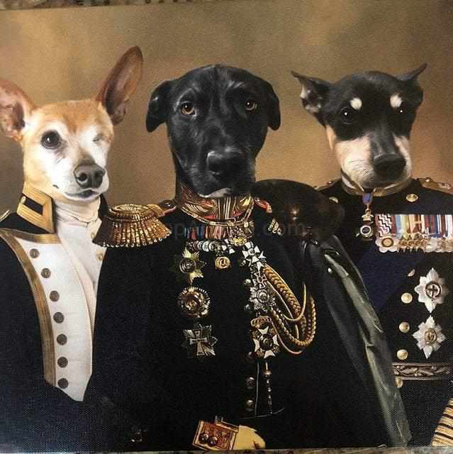 Paintings of three dogs with human bodies dressed as a veterans with medals and epaulettes