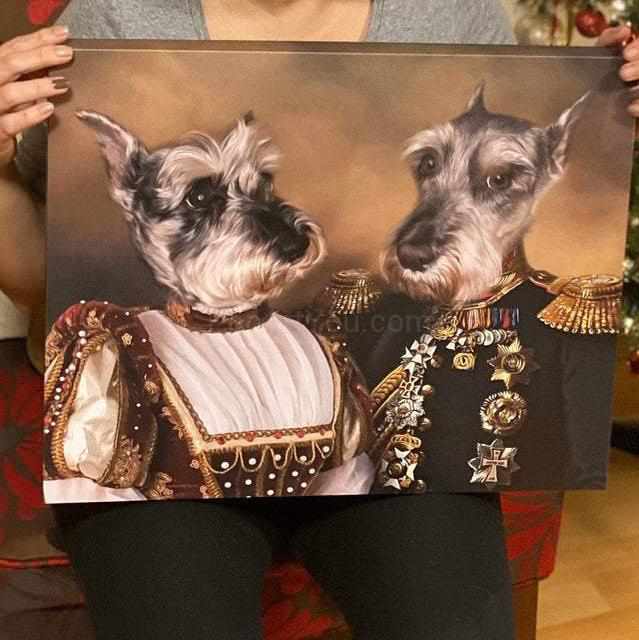 A family of dogs in historical attires, depicted on canvas